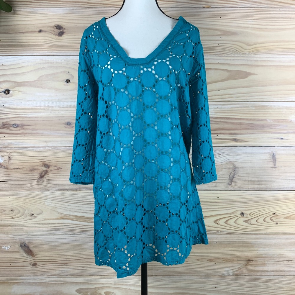 Dream Beach Cover‎ Up Dress Women Large Teal Blue Eyelet V-Neck 3/4 Sleeve USA